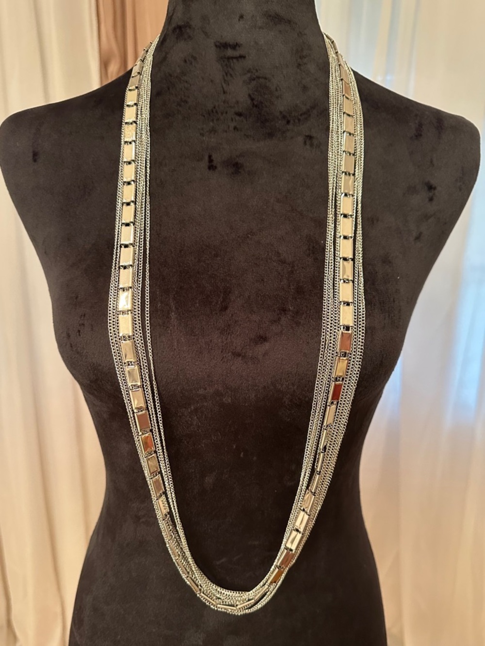 Vintage Extra Long Silver Tone Statement Necklace